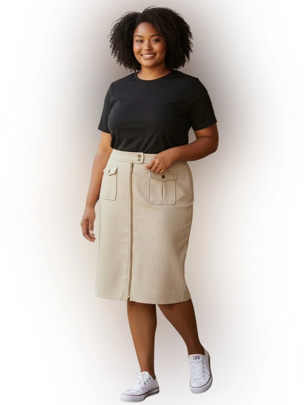 The Limited Beige‎ Midi Pencil Skirt with Front Zip & Patch Pockets Size 14